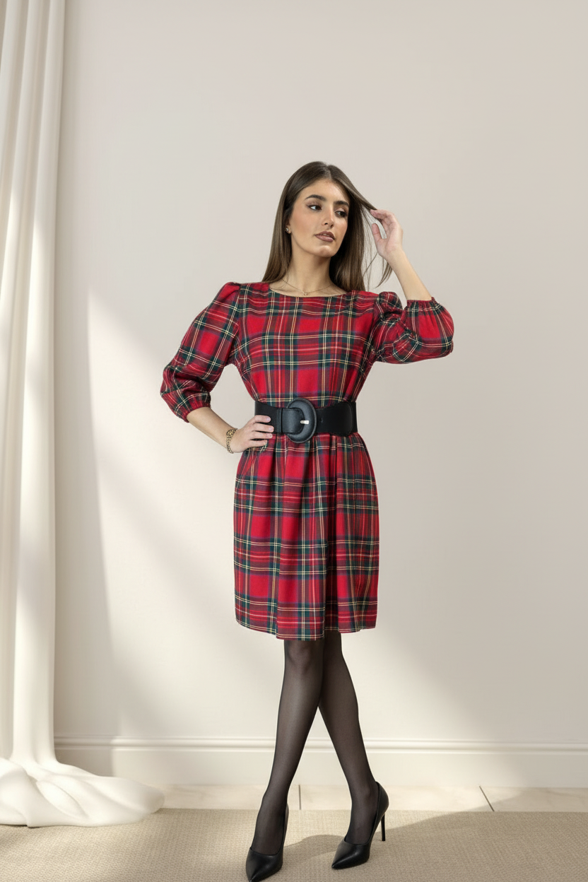 Professional photoshoot of belted tartan dress