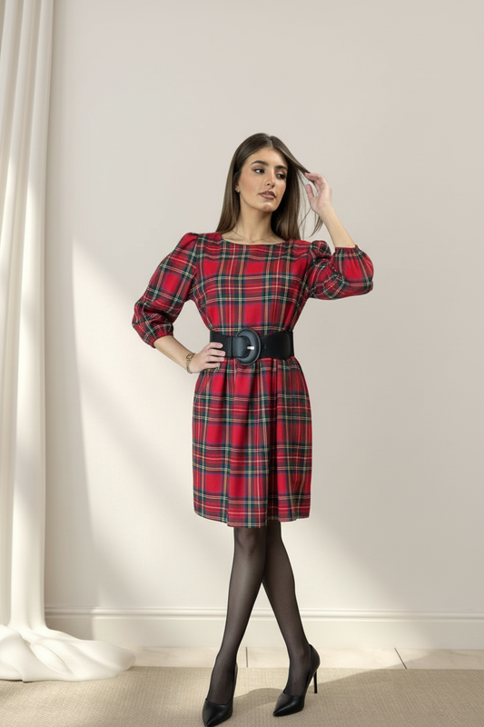 Professional photoshoot of belted tartan dress